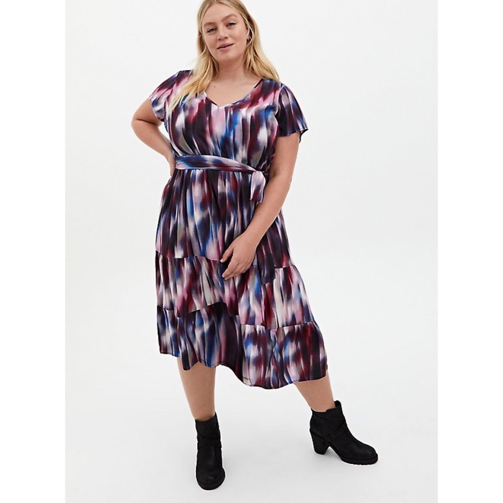 Torrid Midi Challis Tiered Skater Purple Tie Dye Printed Dress